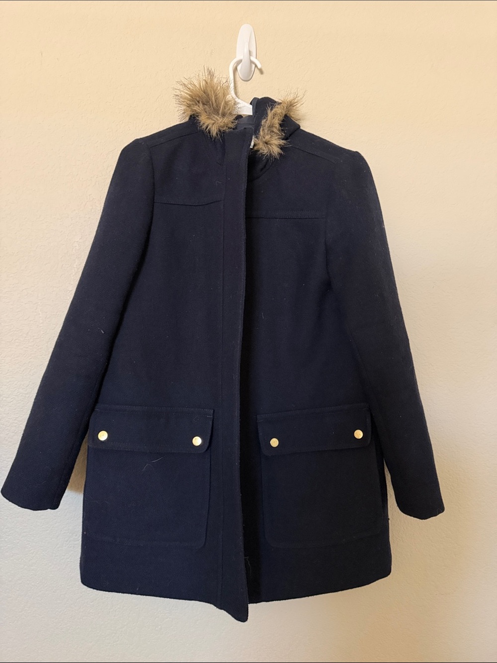 J. Crew Factory Navy Wool Blend Hooded Pea Coat with Faux Fur Trim